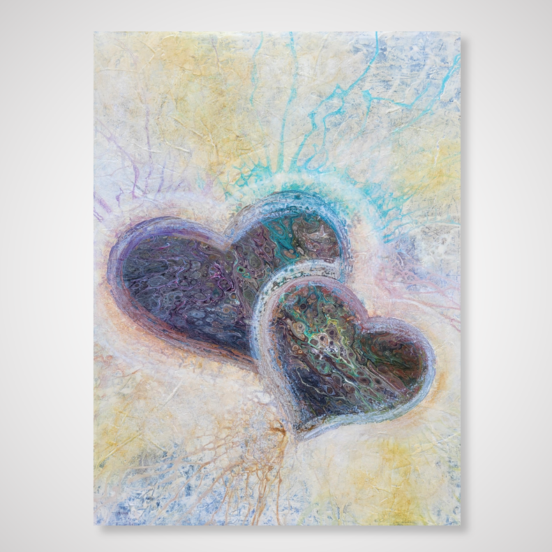 light abstract painting with two hearts for sale in Canada