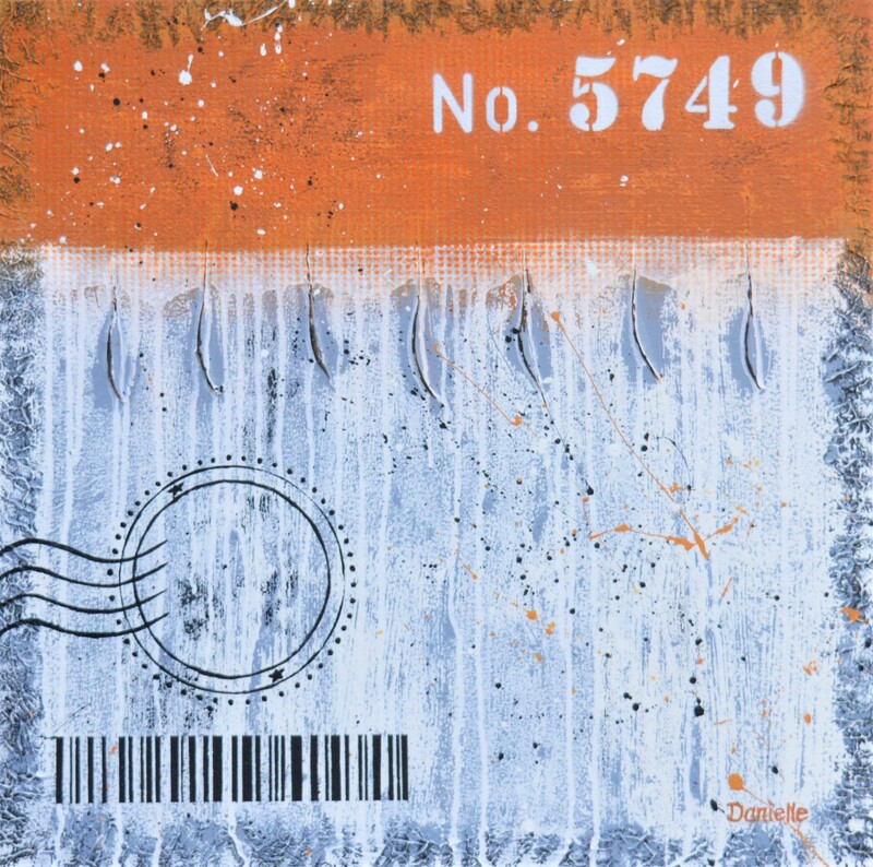 orange and grey abstract painting with postage symbolism