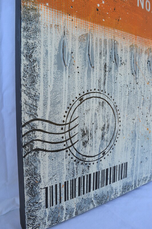 abstract painting with postage symbolism and barcode