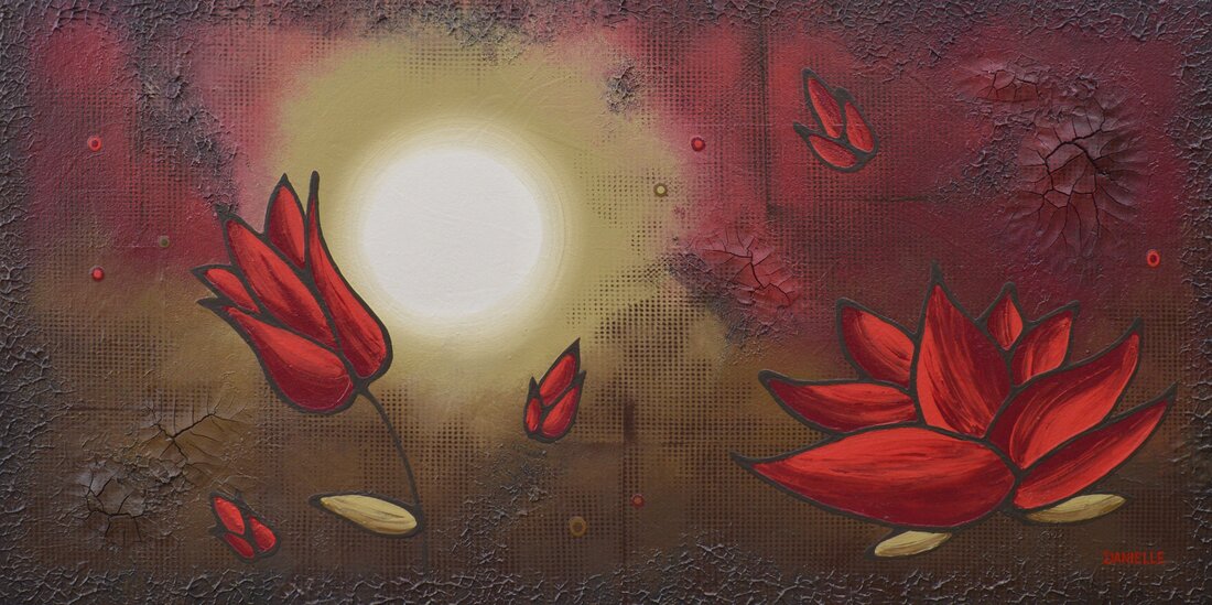 red floral abstract painting by danielle harshenin in kelowna bc